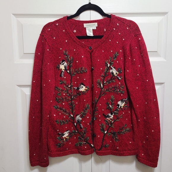Vtg Coldwater Creek Bird Novelty Red Black Marled Button Cardigan Ramie Cotton S - Picture 1 of 10
